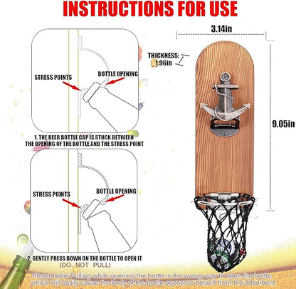 Beer Bottle Opener Wall Mounted with Magnetic Cap Catcher,Wooden Magnetic Bottle Opener for Fridge,Vintage Beer Gifts for Men, Man Cave Decor,Gifts for Men and Beer Lovers(Style 4)