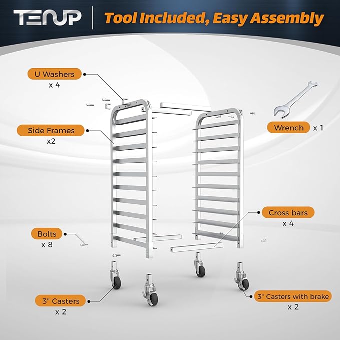 TenUp 10-Tier Half Size Sheet Pan Rack, Heavy-Duty Aluminum Bakery Rack with Wheels – Commercial Cooling & Storage Cart – 18" L x 15.5" W x 36" H - Image 3