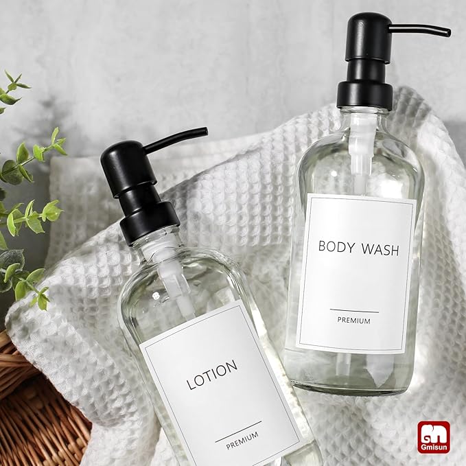 GMISUN Glass Soap Dispenser with Pump, 2 Pack Clear Bathroom Hand Soap Dispenser with Stainless Steel Pump, 16 Oz Refillable Kitchen Hand and Dish Soap Dispensers Set, Modern Liquid Pump Bottles - Image 8
