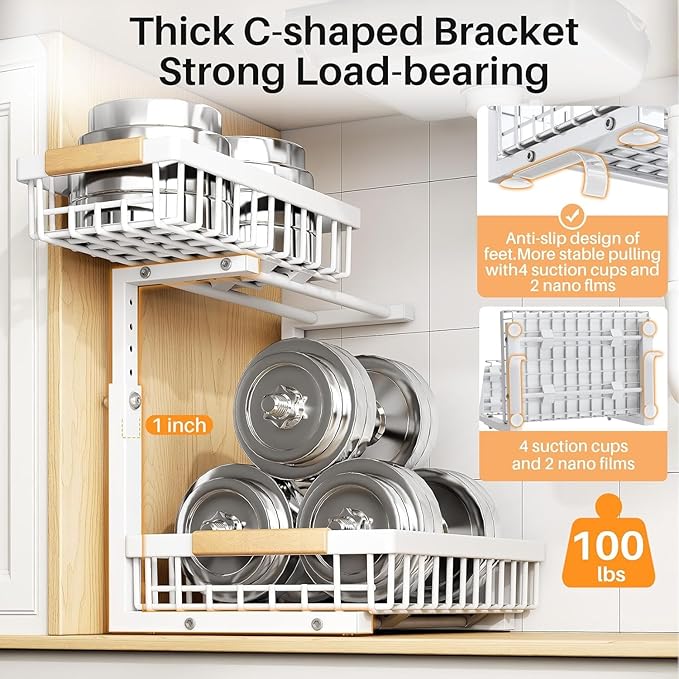 PXRACK Under Sink Organizer, Adjustable Height, 2 Tier Pull Out Under Cabinet Organizer, Slide Out Thickened Metal Under Sink Storage for Kitchen Bathroom Laundry Pantry Cabinet, White, Small-1-Pack - Image 6