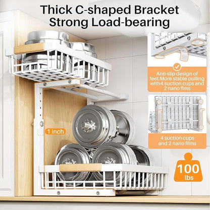 PXRACK Under Sink Organizer, Adjustable Height, 2 Tier Pull Out Under Cabinet Organizer, Slide Out Thickened Metal Under Sink Storage for Kitchen Bathroom Laundry Pantry Cabinet, White, Small-1-Pack - Image 6