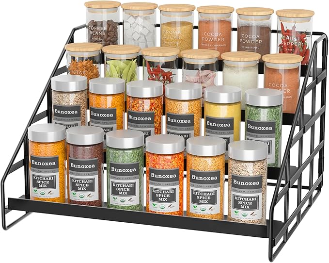 Bunoxea Spice Rack 4 Tier Kitchen Cabinet Organizer,Countertop Spice Rack,Tier Depth Adjustable Cabinet Shelf,Step Spice Organization Easy Visibility,Holds Seasoning and Condiments by Bunoxea
