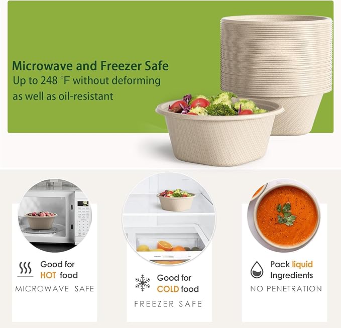Homestockplus 32 Oz Deep Disposable Bowl, Paper Bowls Disposable Heavy Duty Compostable Bowls, Eco-friendly Sugarcane Bagasse Biodegradable Bowl for Soup, Salad, Dessert [50 Pack] - Image 3