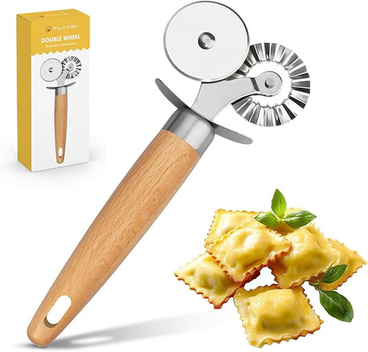 Pasta Cutter Wheel - Fluted Pastry Cutter Double Wheel Ravioli Cutter Tool with Wooden Handle for Pasta Pizza Ravioli Cookie