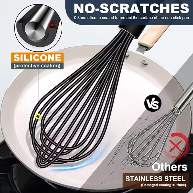 Eddeas Mini Silicone Whisk, Small Silicone Whisk 7+9in, BPA free Non Scratch Coated Protect your Ceramic Pots and Pan.Perfect for Whisking, Beating, Mixing.Black - Image 2