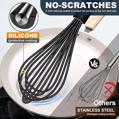 Eddeas Mini Silicone Whisk, Small Silicone Whisk 7+9in, BPA free Non Scratch Coated Protect your Ceramic Pots and Pan.Perfect for Whisking, Beating, Mixing.Black - Image 2