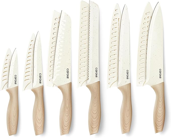 CAROTE 12PCS Knife set with Blade Guards,Granite Nonstick Ceramic Coating,Stainless Steel blade, Anti-Slip Handle, Essential Knives, Rustproof, White by CAROTE