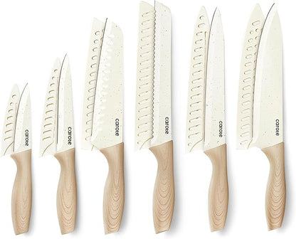 CAROTE 12PCS Knife set with Blade Guards,Granite Nonstick Ceramic Coating,Stainless Steel blade, Anti-Slip Handle, Essential Knives, Rustproof, White by CAROTE