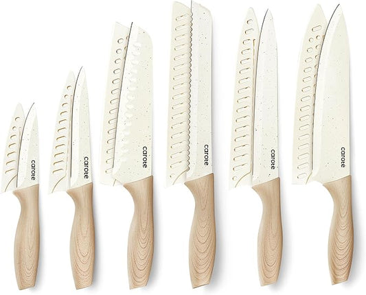 CAROTE 12PCS Knife set with Blade Guards,Granite Nonstick Ceramic Coating,Stainless Steel blade, Anti-Slip Handle, Essential Knives, Rustproof, White by CAROTE
