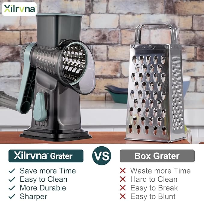 Rotary Cheese Grater with Handle Kitchen Shredder Slicer Grater Slicer Ice Shaver Cheese Vegetable Nuts Potato Zucchini Chocolate 3 Interchangeable Blades (GreyBlue) - Image 2
