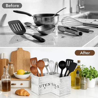 Extra Large Utensil Holder with 3 Compartments, Durable Wooden Utensil Organizer for Kitchen Countertop, Spatula and Spoon Holder Farmhouse Decor (White Grain) - Image 7
