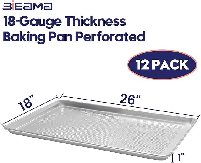 BIEAMA 12 Pack Full Size 26" x 18" Aluminum Baking Sheet Pan Perforated, Commercial Bakery Equipment Cookie Sheets, NSF Approved Baking Tray - Image 2
