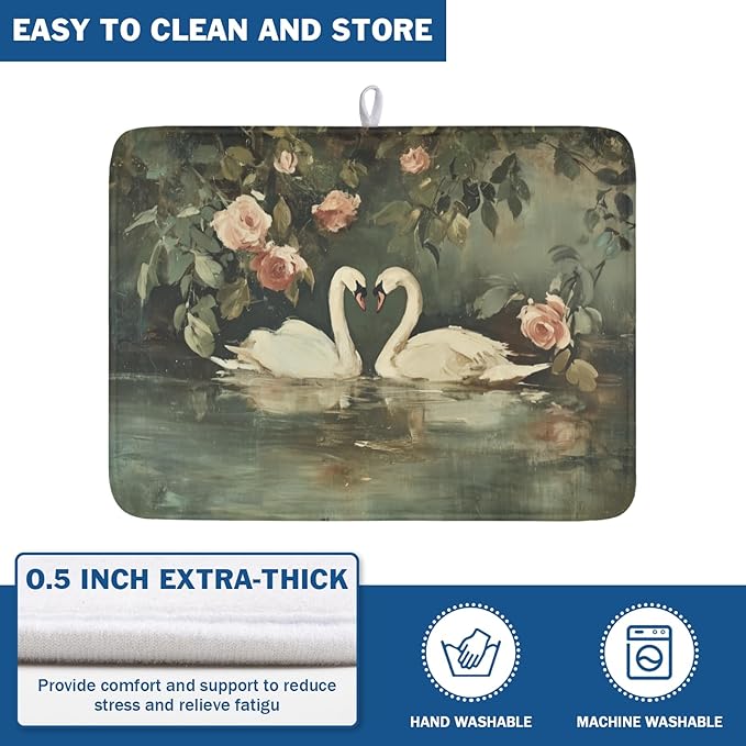 Swans Dish Drying Mat 24x18 Inch, White Swan Drying Mat with Absorbent Reversible Microfiber, Wildlife Aesthetic Dish Drainer Mats Summer Rack Pad for Coffee Countertop Kitchen Protector