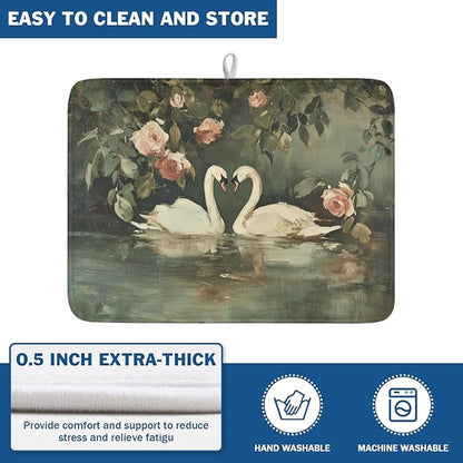 Swans Dish Drying Mat 24x18 Inch, White Swan Drying Mat with Absorbent Reversible Microfiber, Wildlife Aesthetic Dish Drainer Mats Summer Rack Pad for Coffee Countertop Kitchen Protector