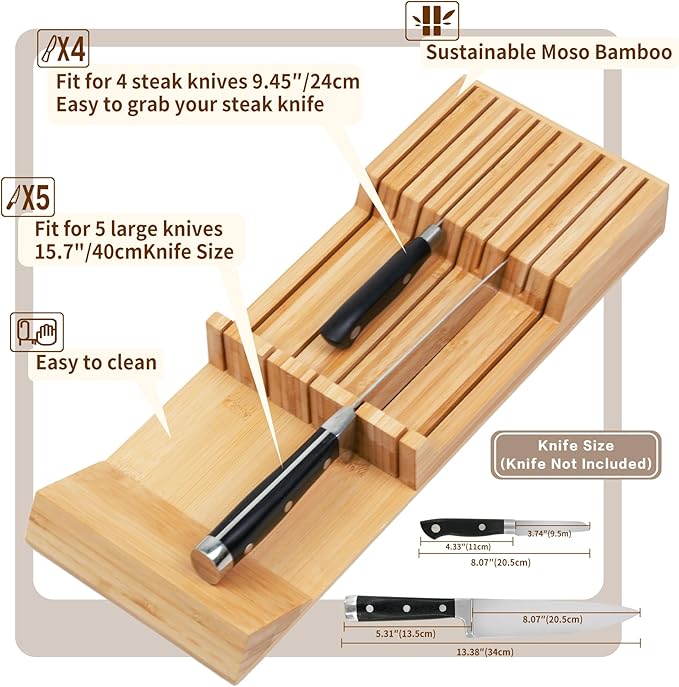 Utoplike Knife Drawer Organizer Bamboo Knives Block for Kitchen, Large Handle Steak Holder, Fit for 9 Knives (Not Included) - Image 4