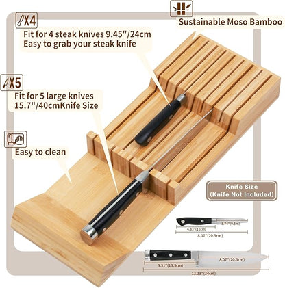 Utoplike Knife Drawer Organizer Bamboo Knives Block for Kitchen, Large Handle Steak Holder, Fit for 9 Knives (Not Included) - Image 4