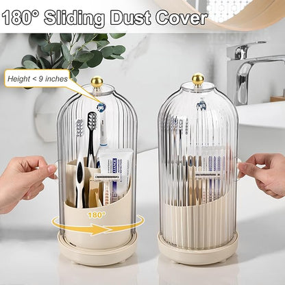 Rotating Toothbrush Holders with Cover, Dustproof Toothbrush Holder with Sliding Lid Electric Tooth Brush and Toothpaste Organizer for Bathroom, Makeup Brush Holder for Vanity, Beige