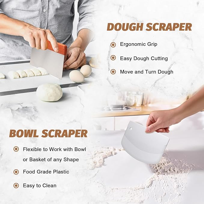 Sourdough Proofing Basket Gift Set, 9" Round and 10" Oval Banneton Bread Baking Supplies, Sourdough Baskets with Bread Lame, Danish Whish, Bowl Scraper, Sourdough Scraper, and Linen Liner - Image 4