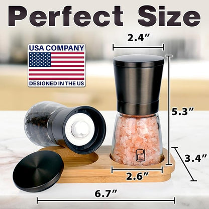 Premium Salt and Pepper Grinder Set with Bamboo Holder - 5 oz, Black Bronze Stainless Steel - S&P Spice Shakers - Refillable & Adjustable Coarseness Hand Mill for Spices & Seasonings - by PJC-Kitchen