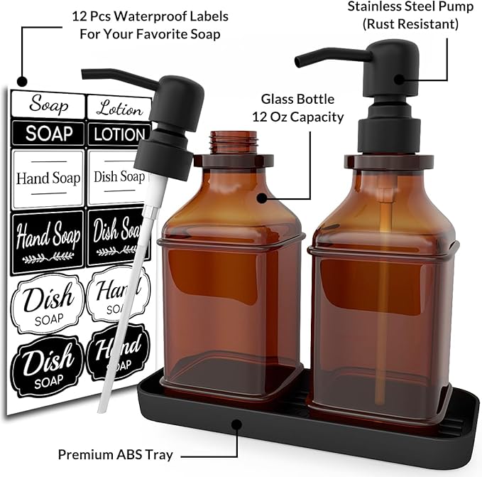LMQML Soap Dispenser - 2 Pack, Antique Design Thick Amber Glass Hand Soap Dispensers with Sturdy Tray; 304 Rust Proof Stainless Steel Black Pump, 12Pcs Stickers, for Kitchen, Bathroom- Black - Image 2