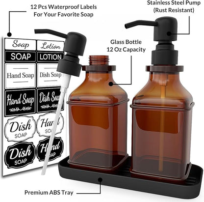 LMQML Soap Dispenser - 2 Pack, Antique Design Thick Amber Glass Hand Soap Dispensers with Sturdy Tray; 304 Rust Proof Stainless Steel Black Pump, 12Pcs Stickers, for Kitchen, Bathroom- Black - Image 2