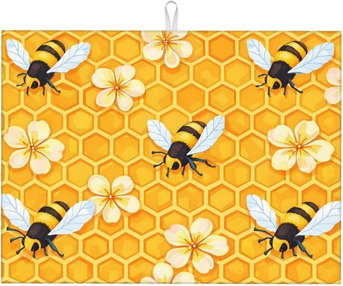 Bee Dish Drying Mat For Kitchen Counter Absorbent Large Kitchen Fast Dry Pad Reusable Washable Protector Rack Large Mat 18 X 24