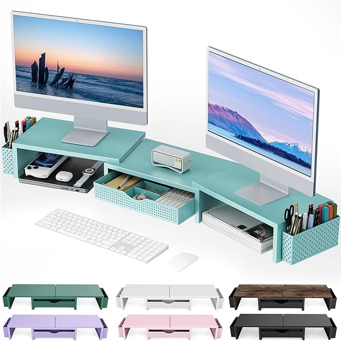 gianotter Dual Monitor Stand Riser, Desk Organizer With Drawer and 2 Pen Holders, Monitor Stand for Desk, Office Decor Essentials (Blue) by gianotter