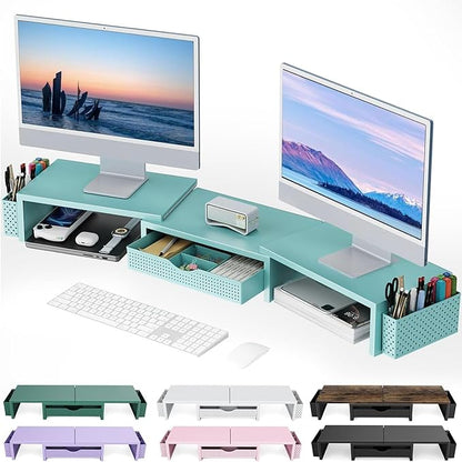 gianotter Dual Monitor Stand Riser, Desk Organizer With Drawer and 2 Pen Holders, Monitor Stand for Desk, Office Decor Essentials (Blue) by gianotter
