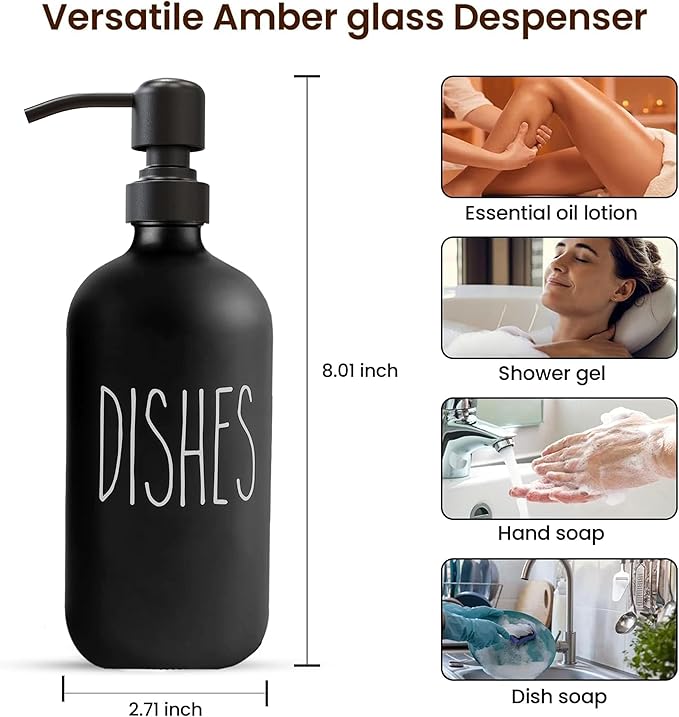 Sunrise Premium 16 OZ Thick Black Glass Soap Dispenser, Matte Black Stainless Steel Pump 2 Pack, Hand and Dish Soap Dispenser Set for Bathroom with 6 Waterproof Labels - Image 3