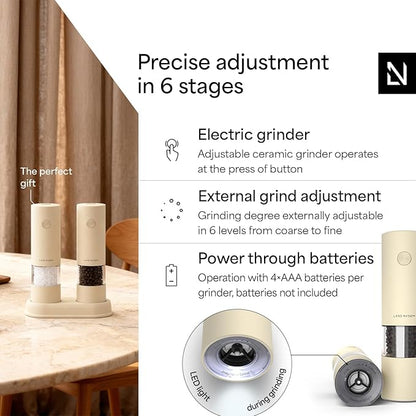LARS NYSØM Electric Salt and Pepper Grinder Set I Automatic Salt and Pepper Mills with Adjustable Ceramic Grinder I AAA-Battery Operated Electric Spice Mill Set (Almond Beige)