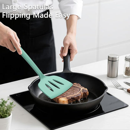 Coukre 3 Pack Silicone Spatula Set, High Heat Resistant, BPA-Free, Fish Spatula, Solid & Slotted Turner for Non-Stick Pans, Flipping Eggs, Pancakes, Fish, Burgers (3, PureAquaGreen) - Image 3