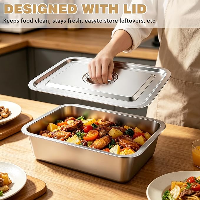 9.2QT Stainless Steel Lasagna Pan with Lid, 4 Inch Deep Baking Dish with Lid – 15.6"x11.6"x4" Nonstick Casserole Dish Oven Safe to 500°F, Food-Grade Deep Baking Pan for Lasagna, Roasts, Family Cooking