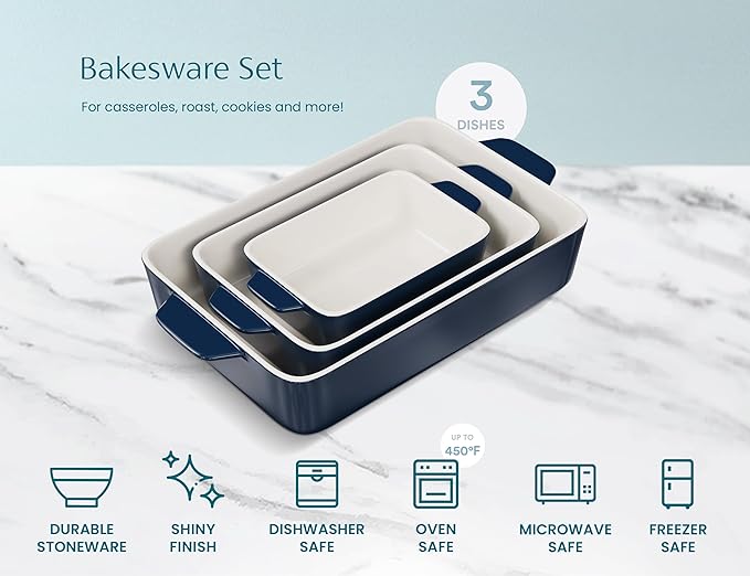 Kook Casserole Dish, Ceramic Baking Dish, Large Lasagna Pan Deep for Oven, 8.5 x 14, 11 x 7, 8 x 5, Set of 3, 92oz, 50oz, 20oz, Baking Pan with Handles, Oven Safe and Durable, Home, Gift, (Navy) - Image 5