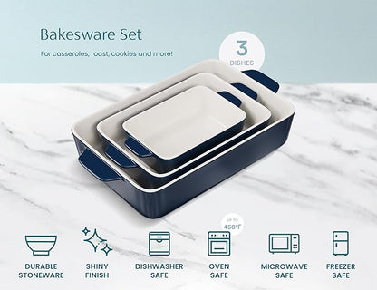 Kook Casserole Dish, Ceramic Baking Dish, Large Lasagna Pan Deep for Oven, 8.5 x 14, 11 x 7, 8 x 5, Set of 3, 92oz, 50oz, 20oz, Baking Pan with Handles, Oven Safe and Durable, Home, Gift, (Navy) - Image 5