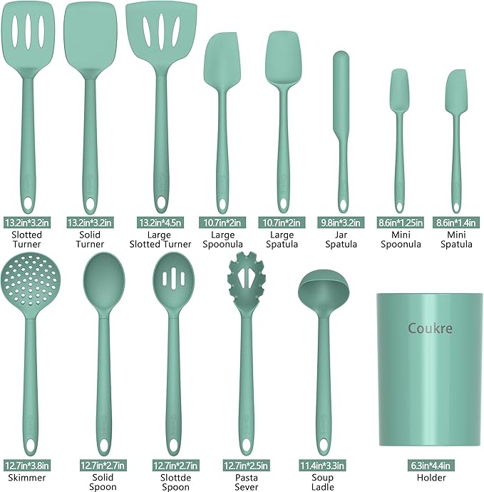 Coukre Silicone Kitchen Cooking Utensils Set with Holder – Heat-Resistant, Food-Grade Kitchen Tools, Spatula, Spoon & Gadgets for Non-Stick Pans, Dishwasher Safe (14, PureAquaGreen) - Image 2