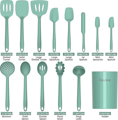 Coukre Silicone Kitchen Cooking Utensils Set with Holder – Heat-Resistant, Food-Grade Kitchen Tools, Spatula, Spoon & Gadgets for Non-Stick Pans, Dishwasher Safe (14, PureAquaGreen) - Image 2