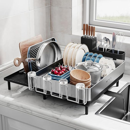 SUNLY Large Dish Drying Rack, Expandable Dish Racks for Kitchen Counter, Space Saving 304 Stainless Steel Drying Rack Kitchen, Extra Large Drainer with Multifunctional Flip Up Pegs, Black by SUNLYHOME