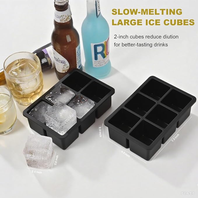 Large Ice Cube Tray for Whiskey, silicone ice cube trays with lid, Enhanced Stability with Built-in Steel Ring, 2inch Huge Cubed ice cube molds, Stackable, Easy Release, Dishwasher Safe(2Pack,Black)