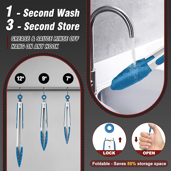 Walfos Kitchen Tongs - 7" 9" and 12" Heat Resistant Food tongs, Thickened Stainless Steel and BPA Free Silicone Tips, Great for Cooking, Grilling, Turning, Dishwasher safe(3 blue silicone tongs) - Image 4