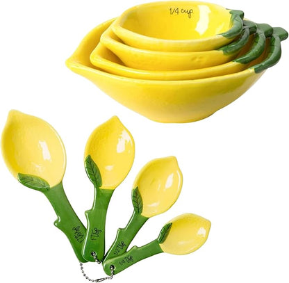 Lemon Shaped Measuring Cups and Spoon Set, Ceramic Kitchen Tools for Bakers, 4 Measuring Cups and 4 Measuring Spoons, Fresh Citrus Decor, Novelty Lemon Accessories, Unique Gift for Kitchen by VOTUM