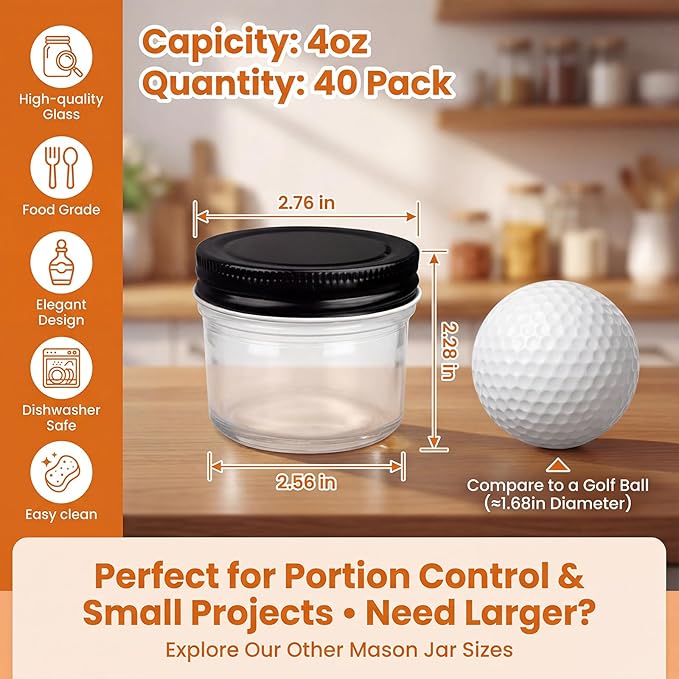 QAPPDA 40 Packs 4oz Glass Mini Mason Jars with Lids(Black), Clear Glass Jars Small Spice Canning Jars for Honey, Jam, Jelly, Wedding Favors, DIY Party Favors, Kitchen Food Storage - Image 2