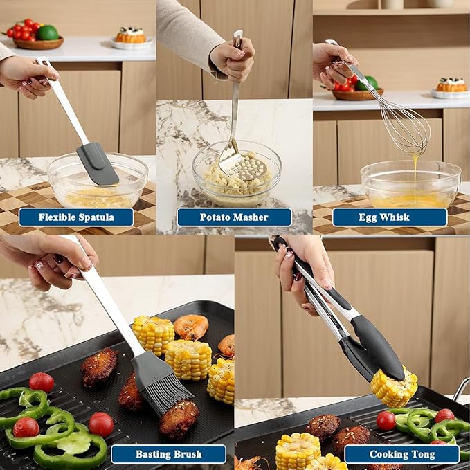 Kitchen Cooking Utensils Set 26 Pieces, Stainless Steel Heavy Duty Sturdy Kitchen Tool Set with Hooks, Metal Spatula & Spoon Set Ergonomic Hanging Handles for All Cooking Tasks