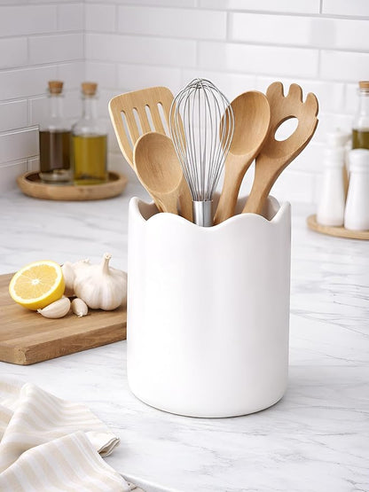 Ceramic Utensil Holder for Kitchen Counter, 7.1" Large Kitchen Utensil Holder for Countertop with Cork Bottom, Cooking Tool Organizer for Spatula, Matte White - Image 5