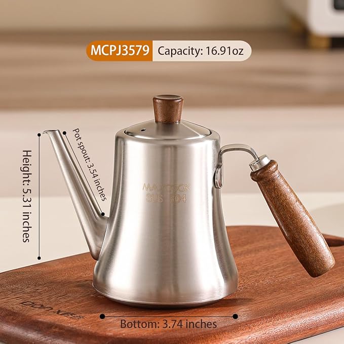 18/8 Stainless Steel Olive Oil Dispenser 500ml/16.9oz Drip-Free Pouring Oil Pot Storage Container Wooden Handle