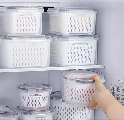 3Pack Fridge Food Storage Container Set with Lids with Strainer, Fruit Vegetable Storage Containers Keep Fruits, Vegetables, Berry, Meat Fresh longer, BPA-Free Plastic Produce Keepers