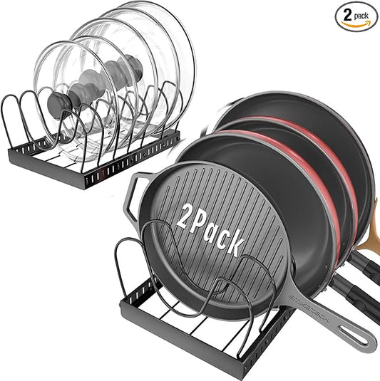 2PACK Pot Lid Organizers Inside Cabinet for Kitchen, Pots and Pans Organizer Under Cabinet with 16 Adjustable Dividers, Countertop Lid Holder, Rust-Resistant, Tool-Free Installation, Easy to Clean