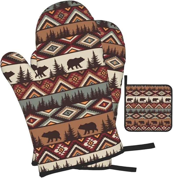 Vintage Rustic Oven Mitts and Pot Holders Sets of 3 Heat Resistant Hot Pads Bear Mountain Oven Gloves for Kitchen Cooking BBQ Baking - Image 2