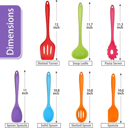 P&P CHEF Silicone Cooking Utensils Set of 7, Heat-proof Kitchen Utensils Set for Nonstick Cookware, Non-stick Spatula, Slotted Turner, Soup Ladle, Pasta Server, Spoon for Cooking Serving - Multicolor - Image 2