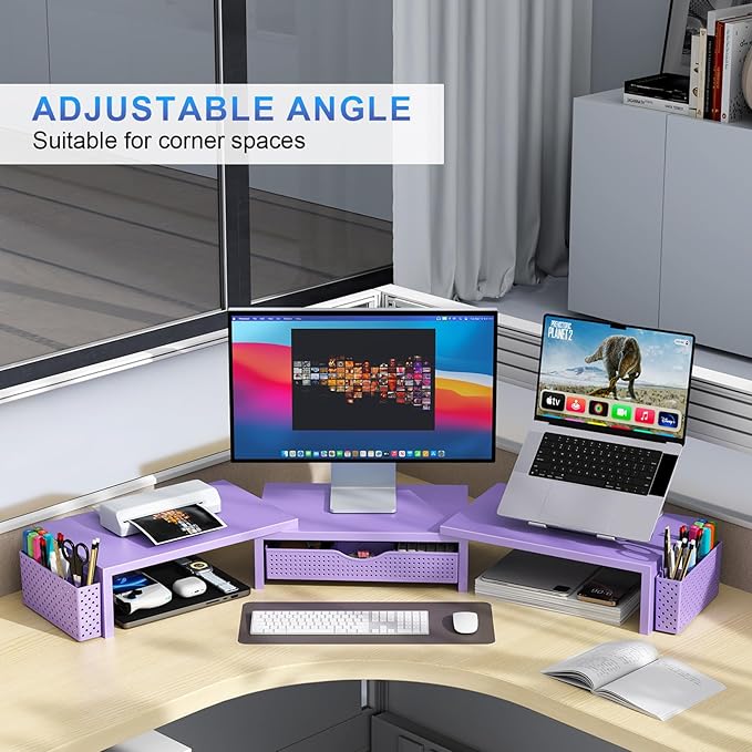 gianotter Dual Monitor Stand Riser, Desk Organizer With Drawer and 2 Pen Holders, Desk Organizers and Accessories, Purple Office Decor (Purple) - Image 3