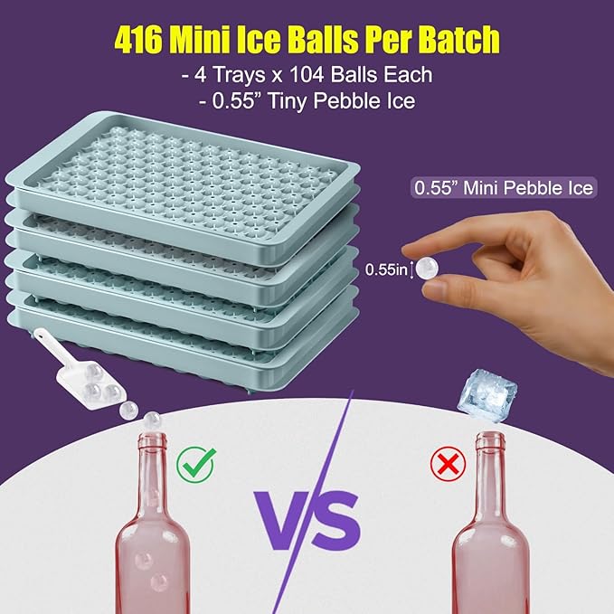 0.55in Mini Ice Cube Trays - Plastic Tiny Pebble Ice for Iced Coffee & Cocktails - Fast Chill, Easy Twist Release - Stackable with Lid, Storage Bin, Tongs, 2 Straws (4 pack, Blue) - Image 7